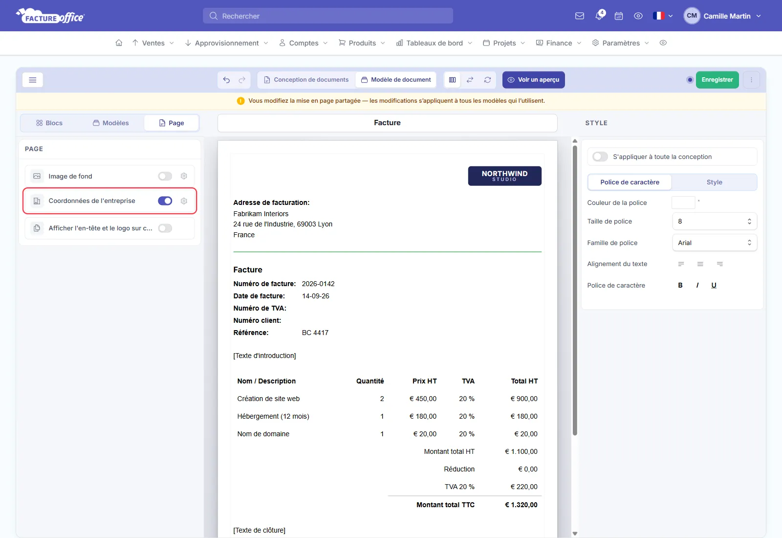 Éditeur Modèle de document de Facture Office, onglet Page, avec l'élément Coordonnées de l'entreprise et l'aperçu du document