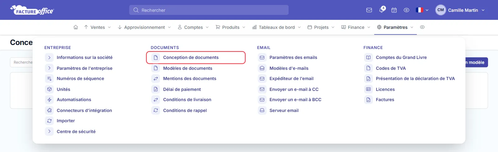 Menu Paramètres de Facture Office ouvert avec l'entrée Conception de documents dans le groupe Documents