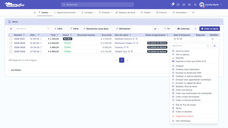 Liste des devis dans Facture Office avec le menu Modifier ouvert sur un devis