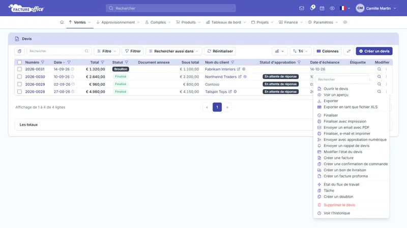 Liste des devis dans Facture Office avec le menu Modifier ouvert sur un devis