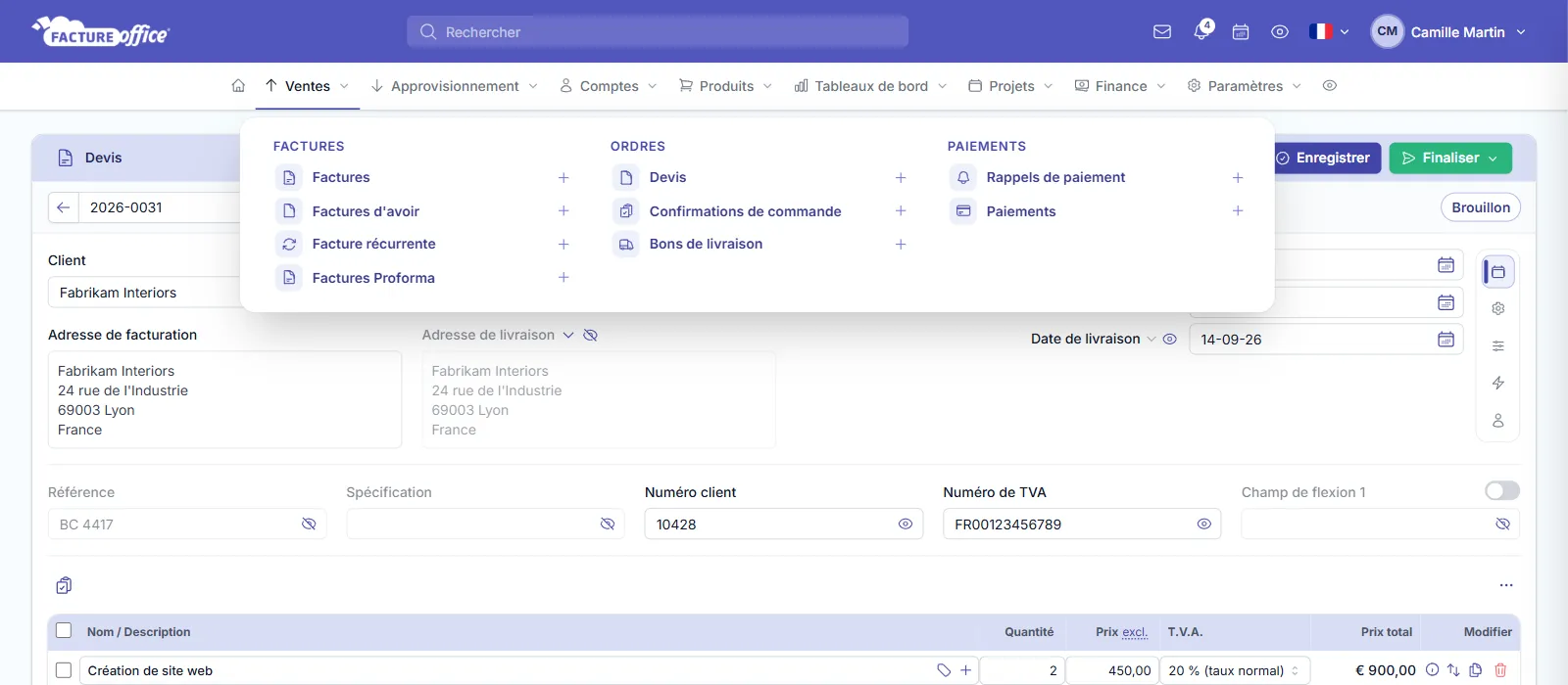 Menu Ventes de Facture Office avec le signe plus à côté de Factures