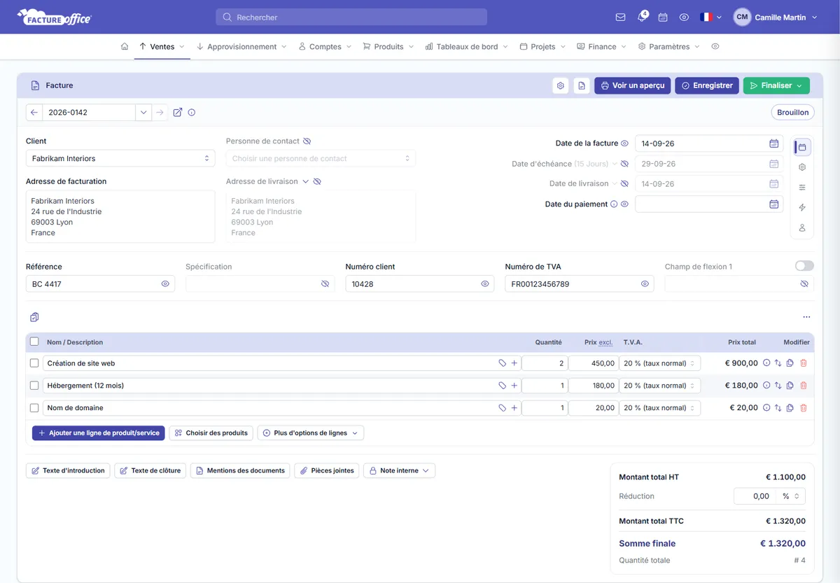 Création d'une facture dans le logiciel de gestion commerciale Facture Office : client, lignes de produits, TVA à 20 % et totaux